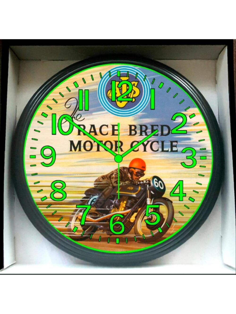 The Race Bred Motorcycle Glow In The Dark Wall Clock New!